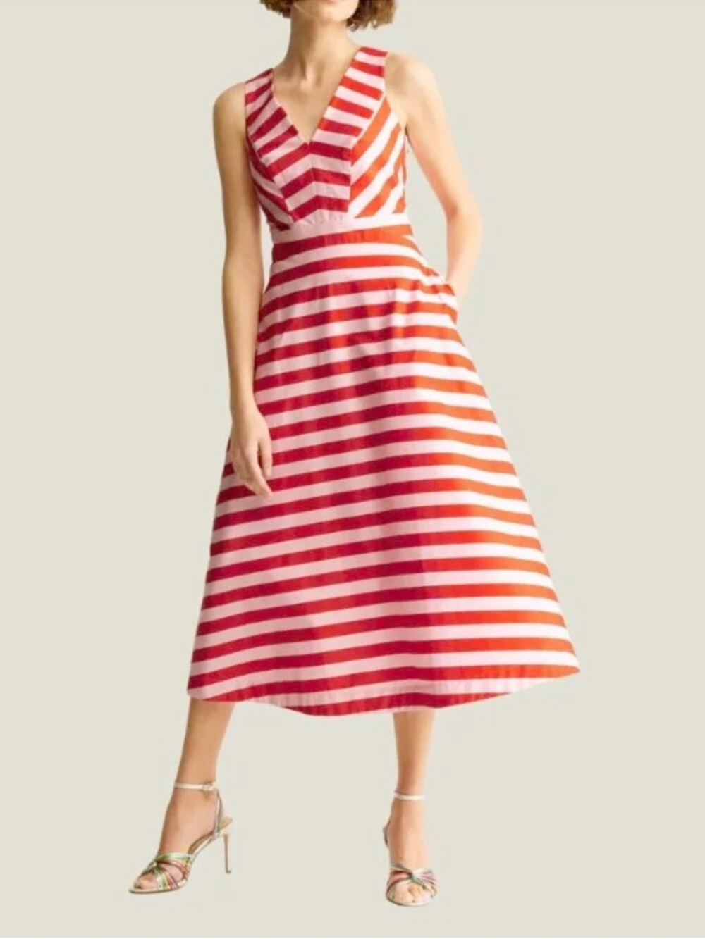 Boden Red and Pink Striped Midi Dress 10P